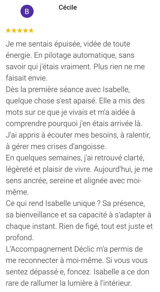 Témoignage client satisfait énergéticienne anxiété Perpignan – Avis Google 5 étoiles