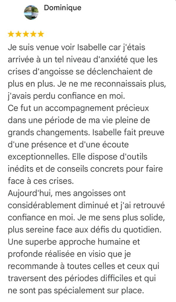 Témoignage client satisfait énergéticienne anxiété Perpignan – Avis Google 5 étoiles