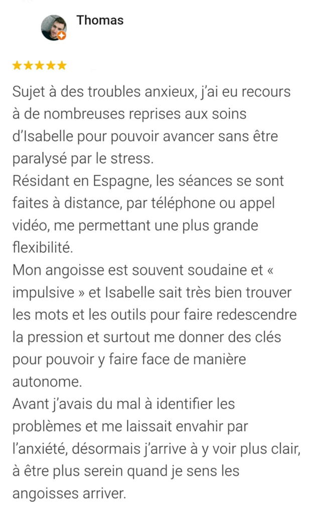 Témoignage client satisfait énergéticienne anxiété Perpignan - Avis Google 5 étoiles