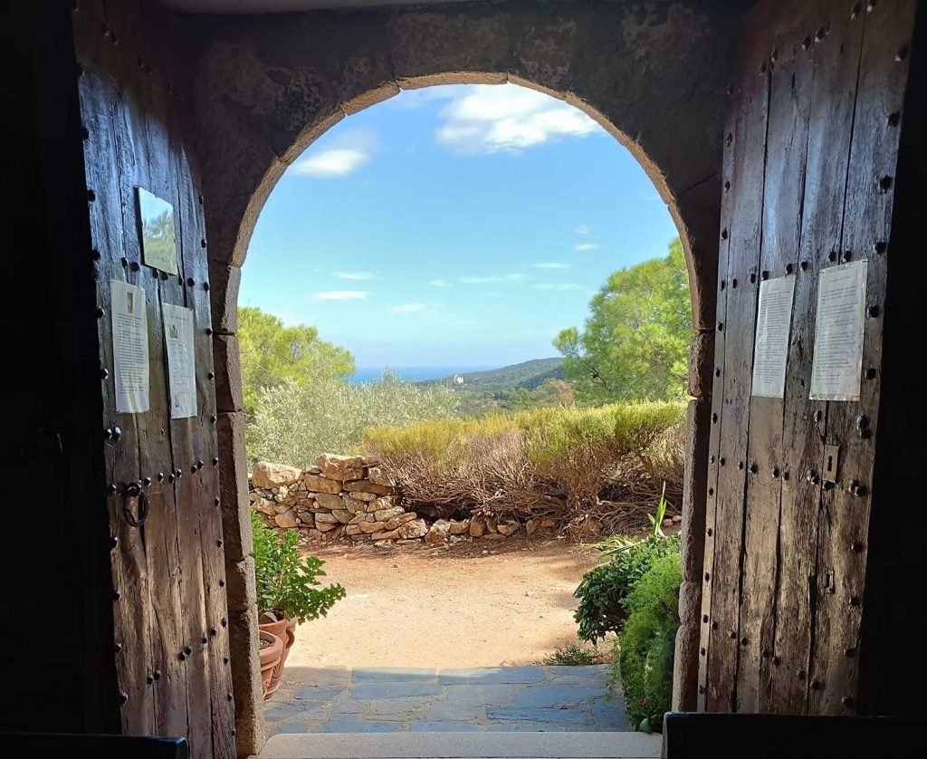 Vue paisible sur la nature à travers une porte ouverte