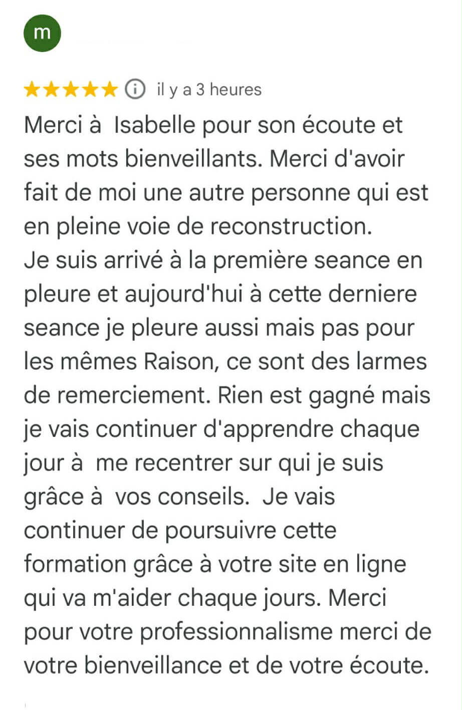 Avis client Fanny — elle est sur la voie de la reconstruction et elle continue d'apprendre — thérapeute femmes hypersensibles Perpignan